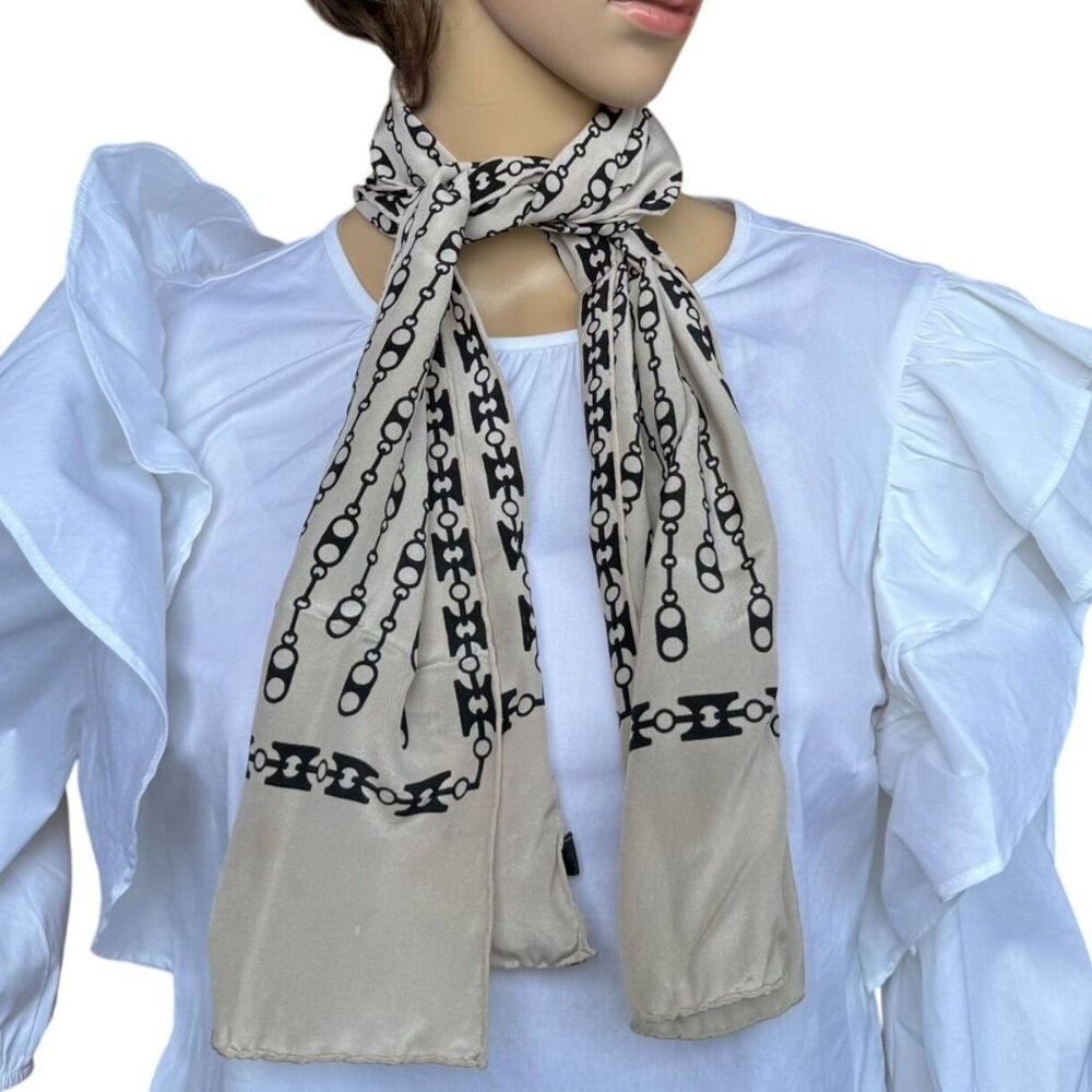 Vintage La Belle Creole Paris Silk Scarf Beige Black Chain Print 42inx10in Glam